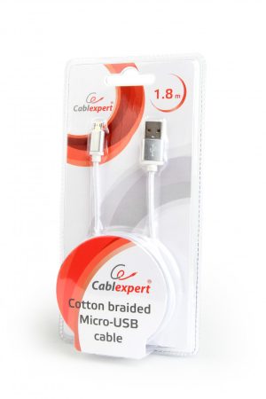 GEMBIRD Cotton braided Micro-USB kábel fém csatlakozók, 1.8 m, ezüst színű, bliszter CCB-mUSB2B-AMBM-6-S