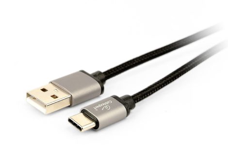 GEMBIRD Cotton braided Type-C USB kábel fém csatlakozók, 1.8 m, fekete színű, bliszter CCB-mUSB2B-AMCM-6