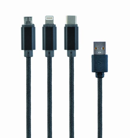 GEMBIRD USB 2.0 kábel 3-in-1, A/M -> microB/M+C/M+8 pin Apple L. TÖLTŐ kábel  fekete1 m CC-USB2-AM31-1M