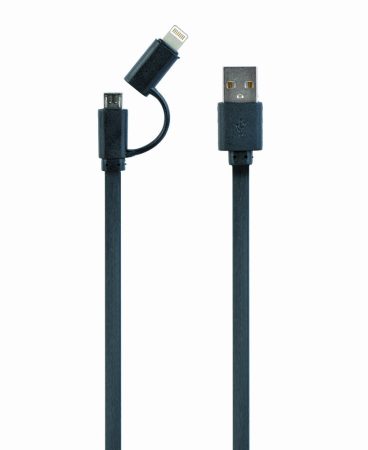 GEMBIRD USB kábel A- kombó  USB A/M -> microB/M+ 8 pin Apple Lighting, lapos fekete 1 m CC-USB2-AMLM2-1M