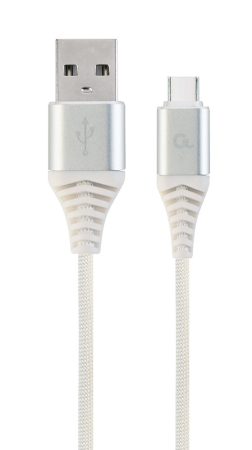 GEMBIRD Premium cotton braided Type-C USB töltő és adat kábel, 1 m, ezüst/fehér CC-USB2B-AMCM-1M-BW2