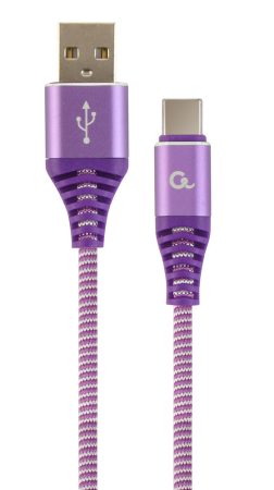 GEMBIRD Premium cotton braided Type-C USB töltő és adat kábel, 1 m, lila/fehér CC-USB2B-AMCM-1M-PW