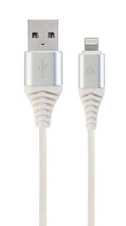 GEMBIRD Premium cotton braided 8-pin töltő és adat kábel, 2 m, ezüst/fehér CC-USB2B-AMLM-2M-BW2