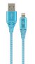   GEMBIRD Premium cotton braided 8-pin töltő és adat kábel, 2 m, turquoise kék/fehér CC-USB2B-AMLM-2M-VW