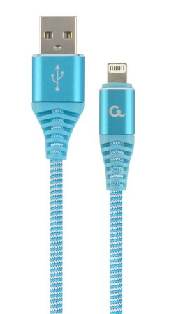 GEMBIRD Premium cotton braided 8-pin töltő és adat kábel, 2 m, turquoise kék/fehér CC-USB2B-AMLM-2M-VW