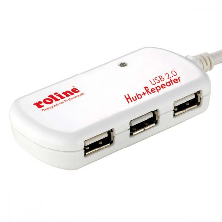 USB 2.0 aktív hosszabbító kábel + 4 port HUB fekete, 12m ROLINE (12.04.1085)