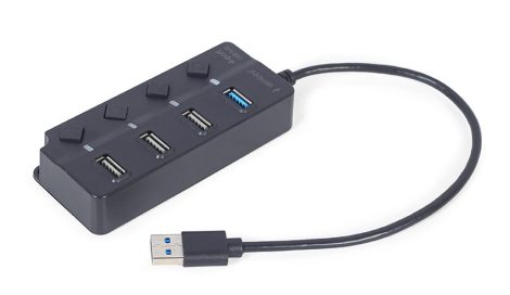 GEMBIRD 4 port USB 3.0 hub, 1xUSB 3.0, 3xUSB 2.0, kapcsolós portok, 25cm kábel, fekete UHB-U3P1U2P3P-01