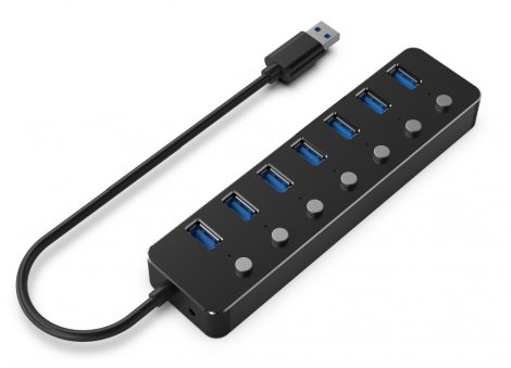 GEMBIRD 7-port USB 3.0 hub, 7xUSB 3.0 kapcsolós port,24 cm kábel, fekete UHB-U3P7P-01